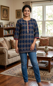 Navy Blue Motif Jaipur Cotton Short Kurti. Pure Versatile Cotton. | Laces and Frills - Laces and Frills