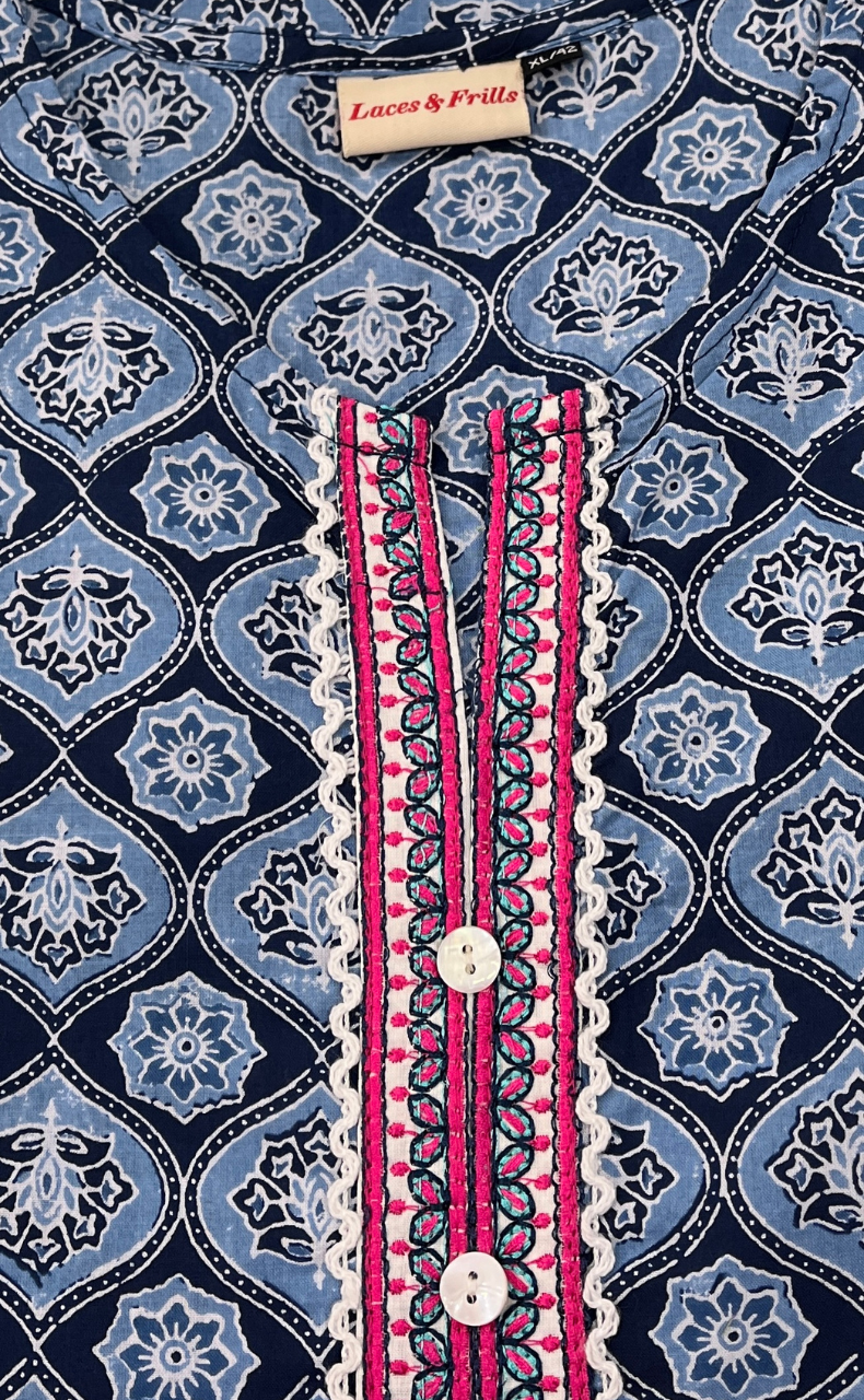 Blue Flora Cotton Short Kurti. Pure Versatile Cotton. | Laces and Frills