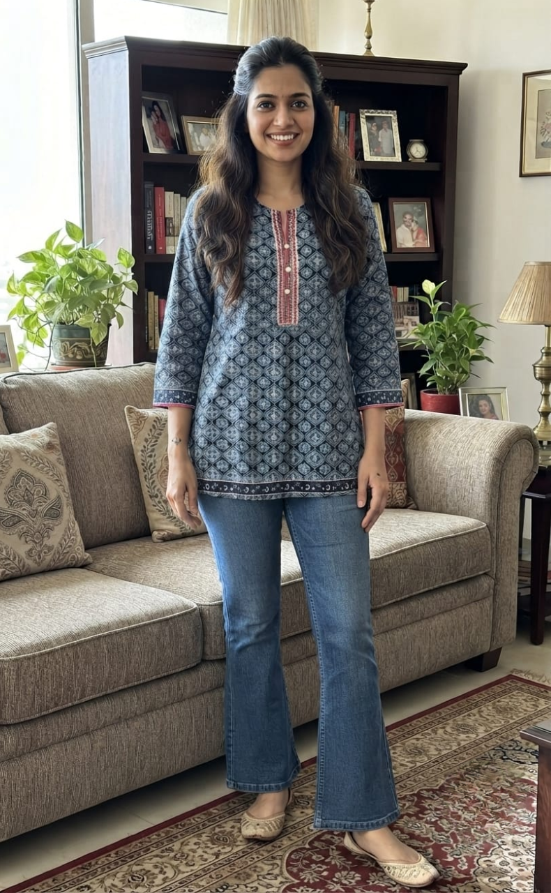 Blue Flora Cotton Short Kurti. Pure Versatile Cotton. | Laces and Frills
