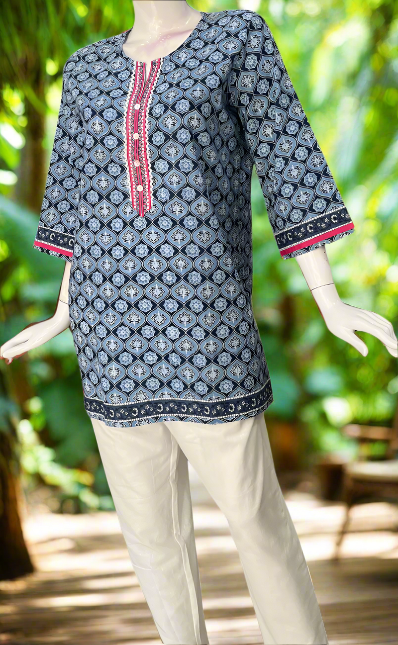 Blue Flora Cotton Short Kurti. Pure Versatile Cotton. | Laces and Frills