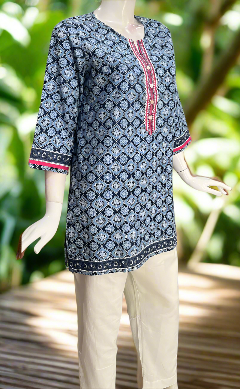 Blue Flora Cotton Short Kurti. Pure Versatile Cotton. | Laces and Frills