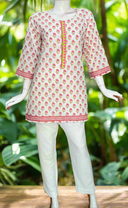 White/Pink Flora Cotton Short Kurti. Pure Versatile Cotton. | Laces and Frills