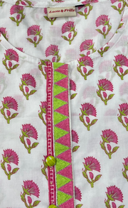 White/Pink Flora Cotton Short Kurti. Pure Versatile Cotton. | Laces and Frills