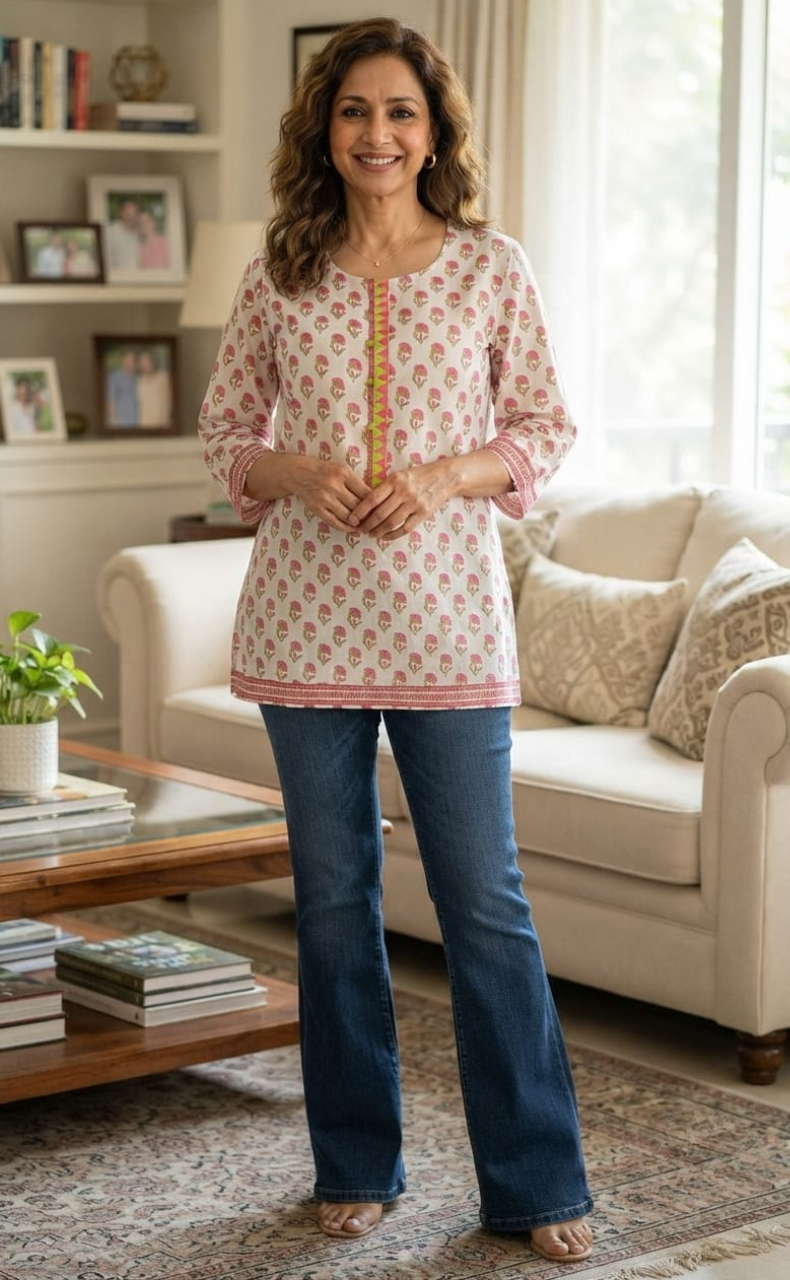 White/Pink Flora Cotton Short Kurti. Pure Versatile Cotton. | Laces and Frills