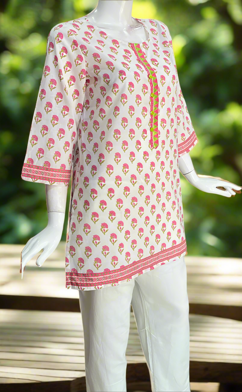 White/Pink Flora Cotton Short Kurti. Pure Versatile Cotton. | Laces and Frills