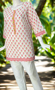 White/Pink Flora Cotton Short Kurti. Pure Versatile Cotton. | Laces and Frills