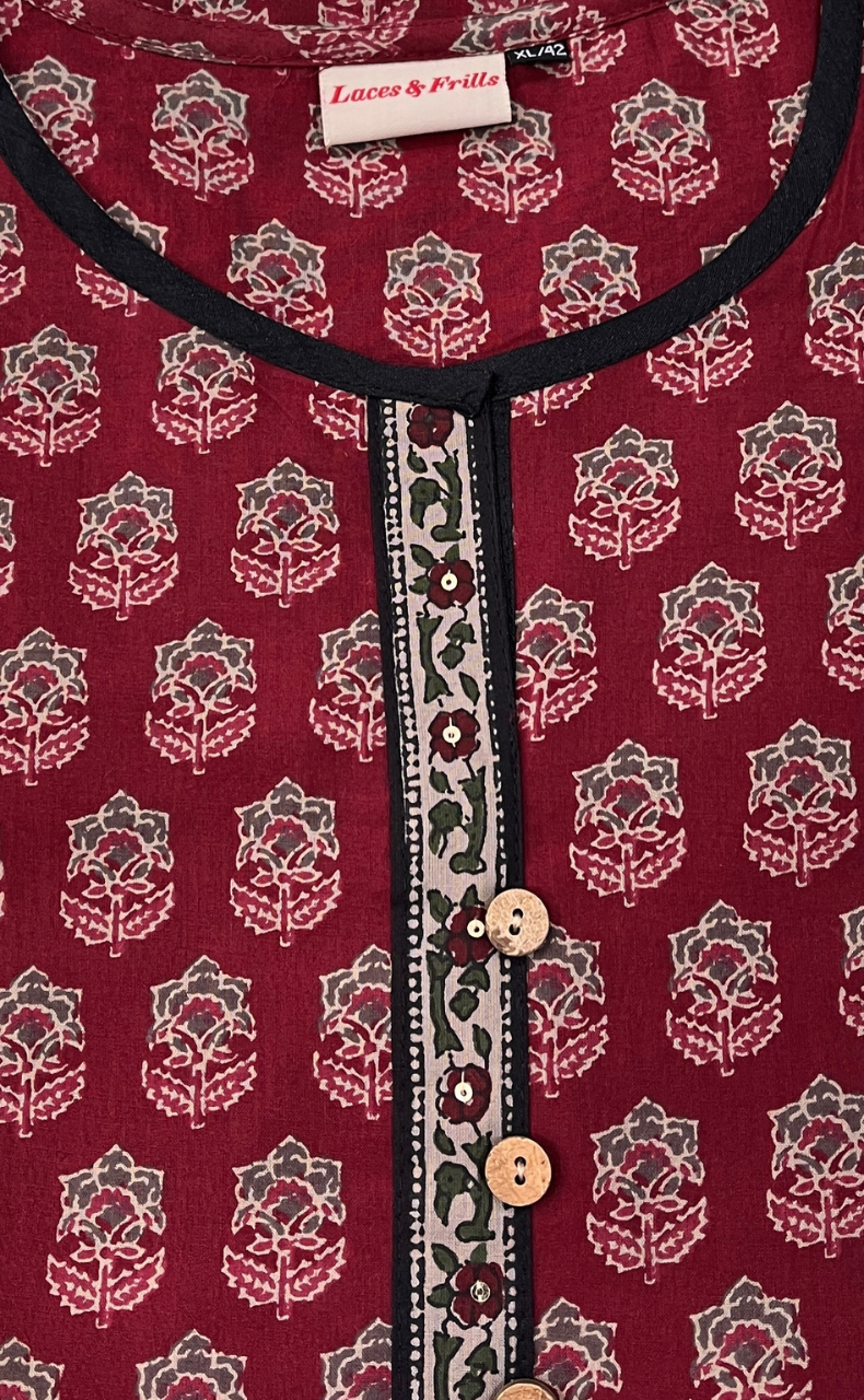 Maroon Flora Cotton Short Kurti. Pure Versatile Cotton. | Laces and Frills
