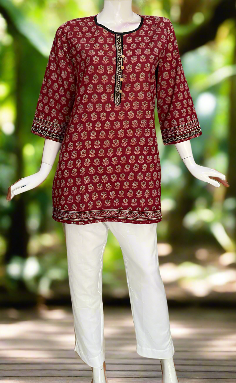 Maroon Flora Cotton Short Kurti. Pure Versatile Cotton. | Laces and Frills