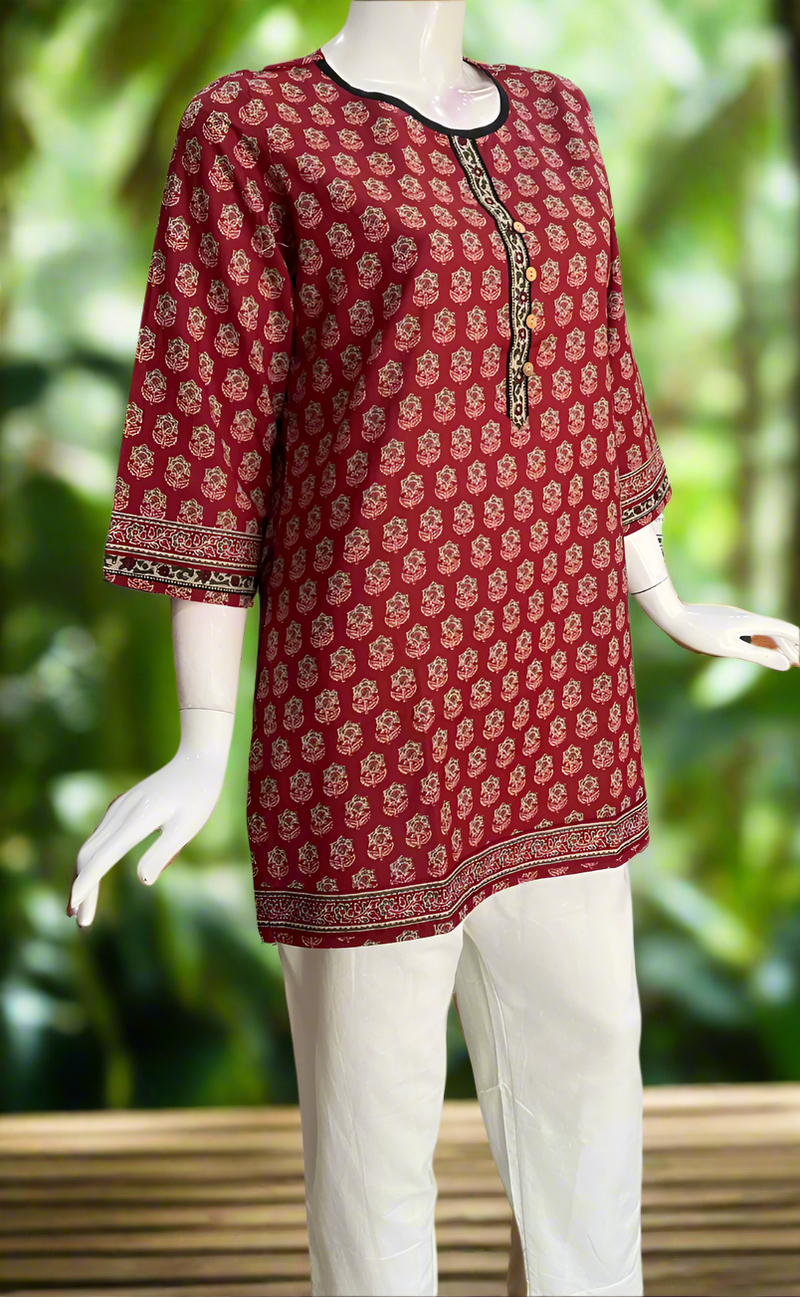 Maroon Flora Cotton Short Kurti. Pure Versatile Cotton. | Laces and Frills