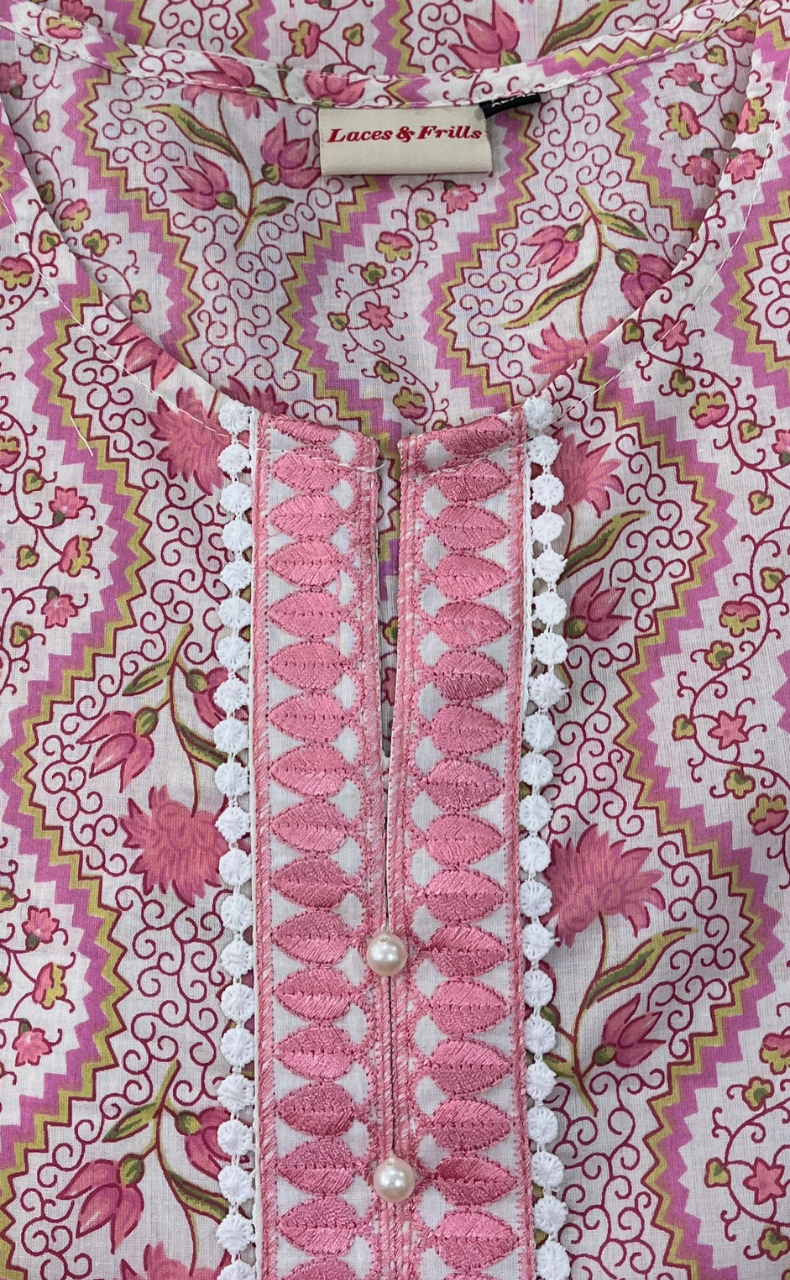 Light Pink Garden Cotton Short Kurti. Pure Versatile Cotton. | Laces and Frills