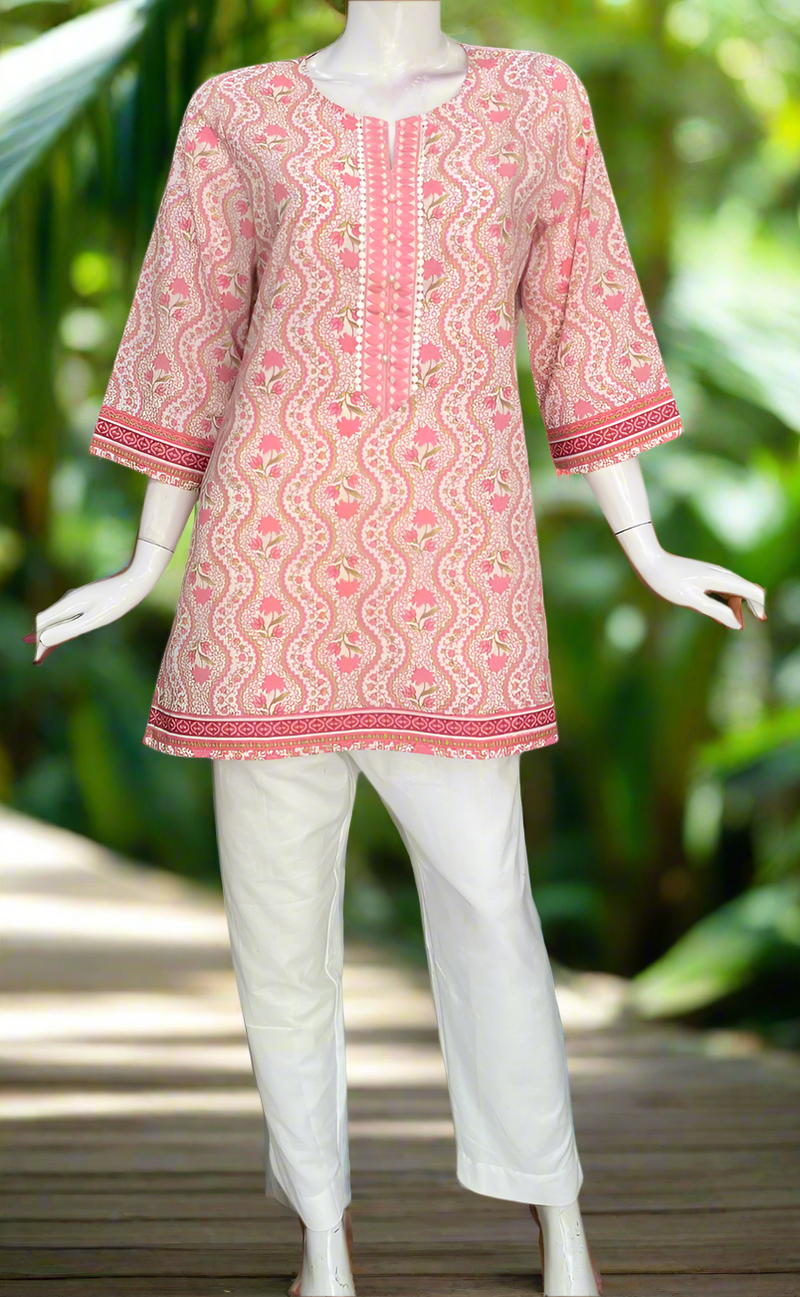 Light Pink Garden Cotton Short Kurti. Pure Versatile Cotton. | Laces and Frills