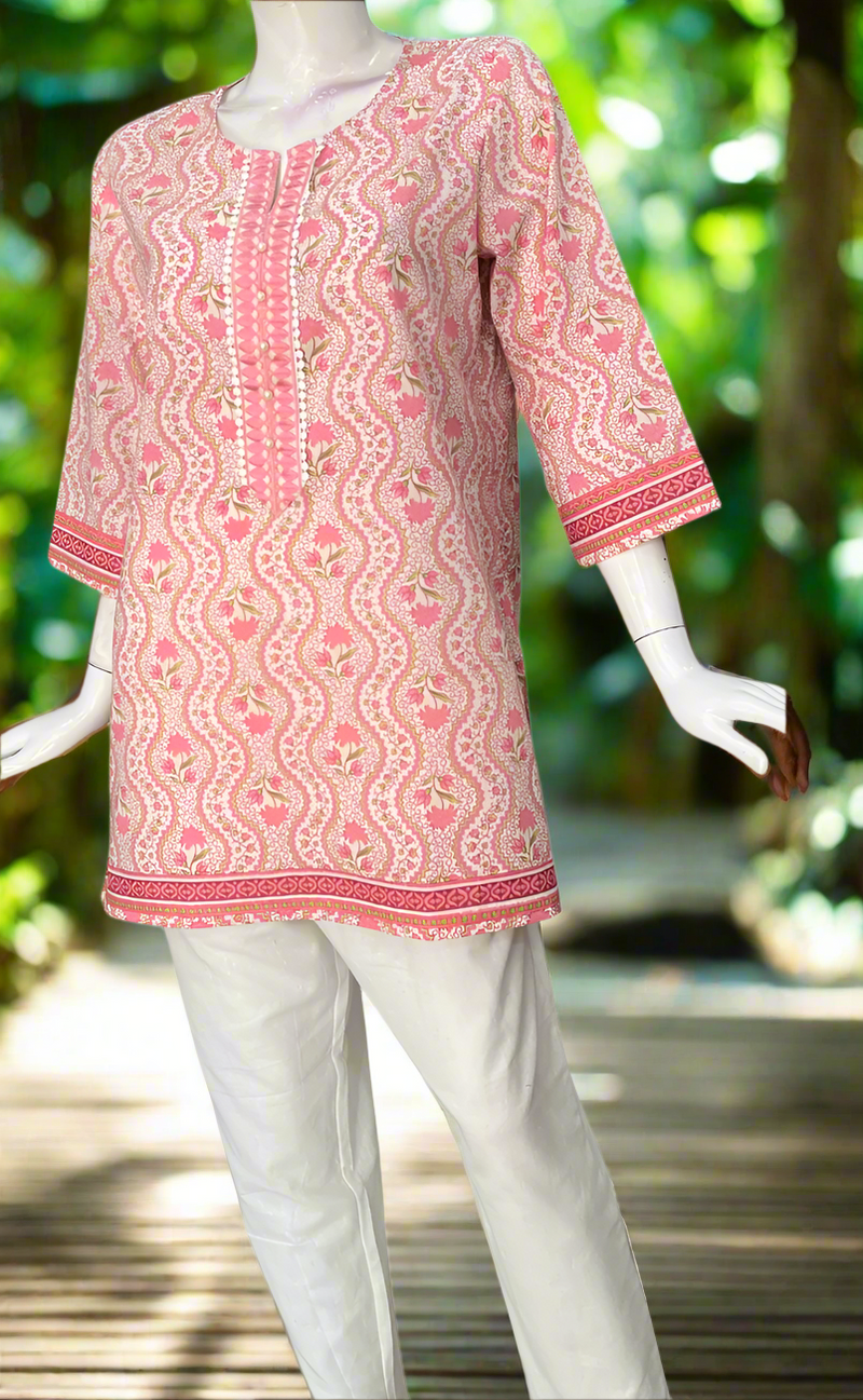 Light Pink Garden Cotton Short Kurti. Pure Versatile Cotton. | Laces and Frills