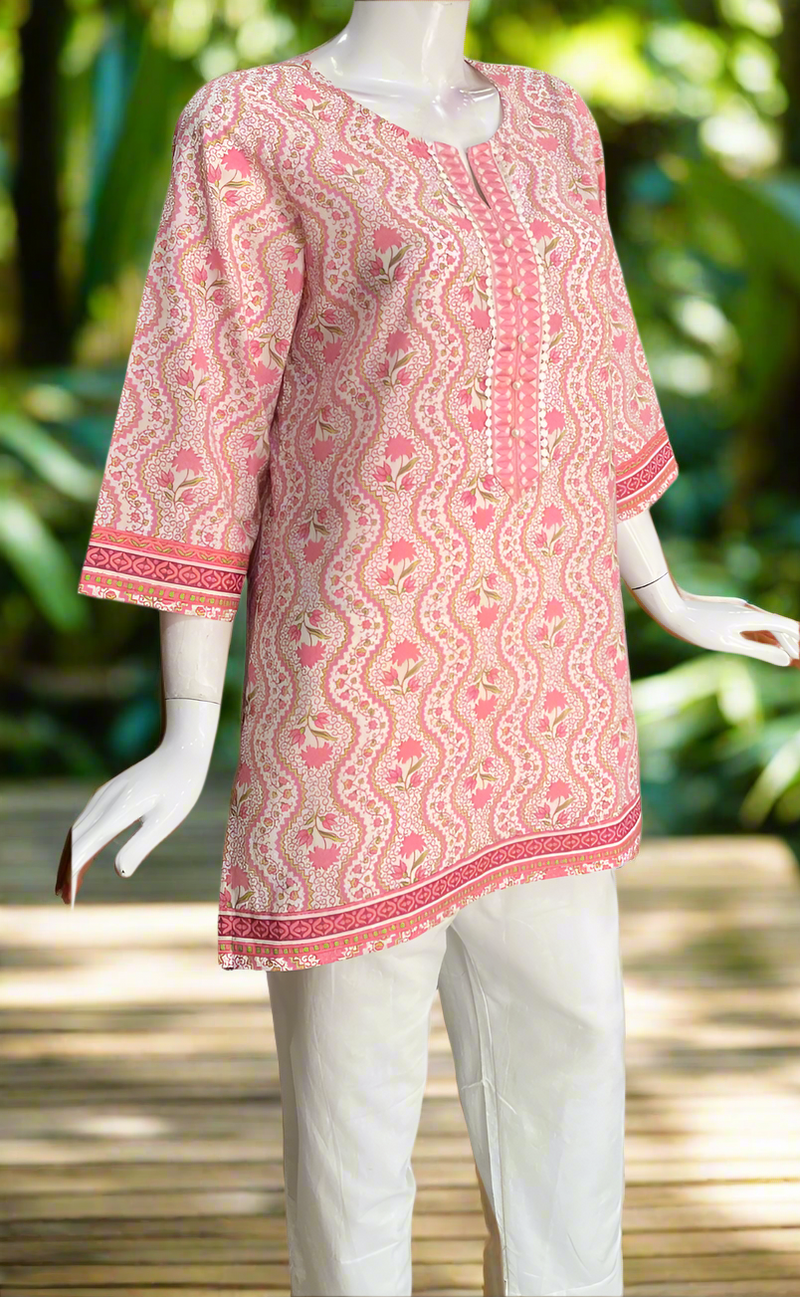 Light Pink Garden Cotton Short Kurti. Pure Versatile Cotton. | Laces and Frills