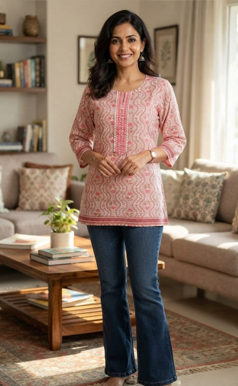 Light Pink Garden Cotton Short Kurti. Pure Versatile Cotton. | Laces and Frills