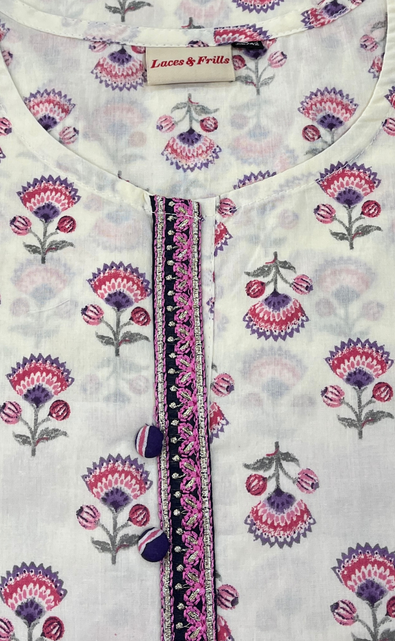 White/Purple Flora Cotton Short Kurti. Pure Versatile Cotton. | Laces and Frills