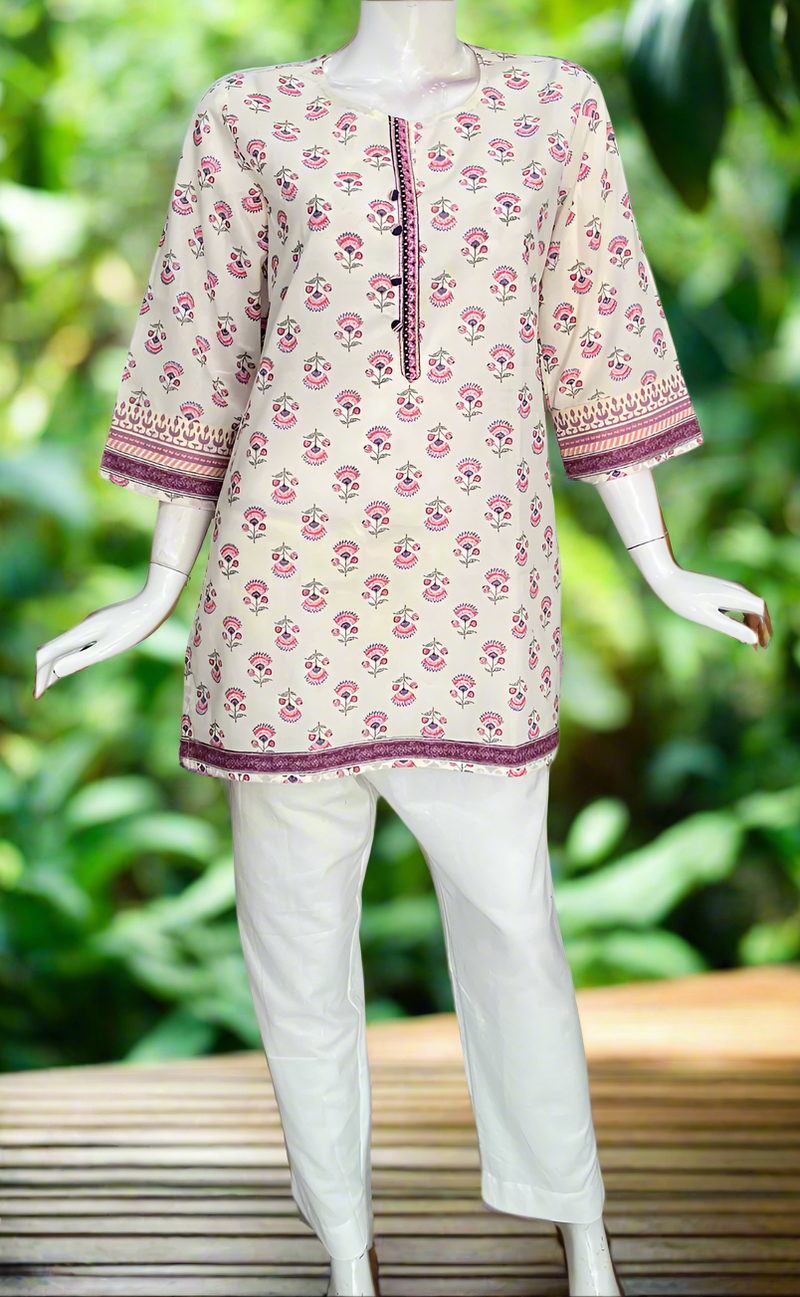 White/Purple Flora Cotton Short Kurti. Pure Versatile Cotton. | Laces and Frills