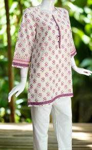 White/Purple Flora Cotton Short Kurti. Pure Versatile Cotton. | Laces and Frills