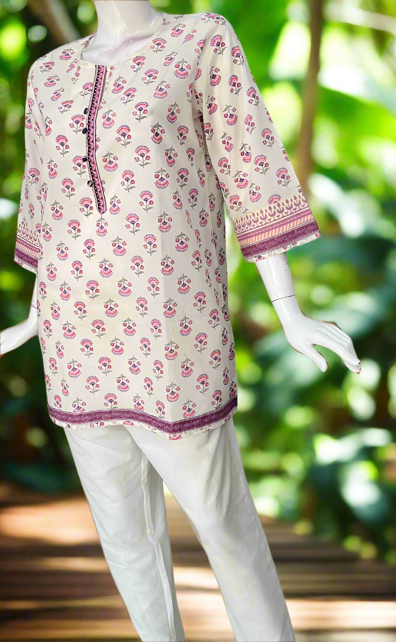 White/Purple Flora Cotton Short Kurti. Pure Versatile Cotton. | Laces and Frills