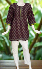 Dark Wine Colour Leafy Cotton Short Kurti. Pure Versatile Cotton. | Laces and Frills
