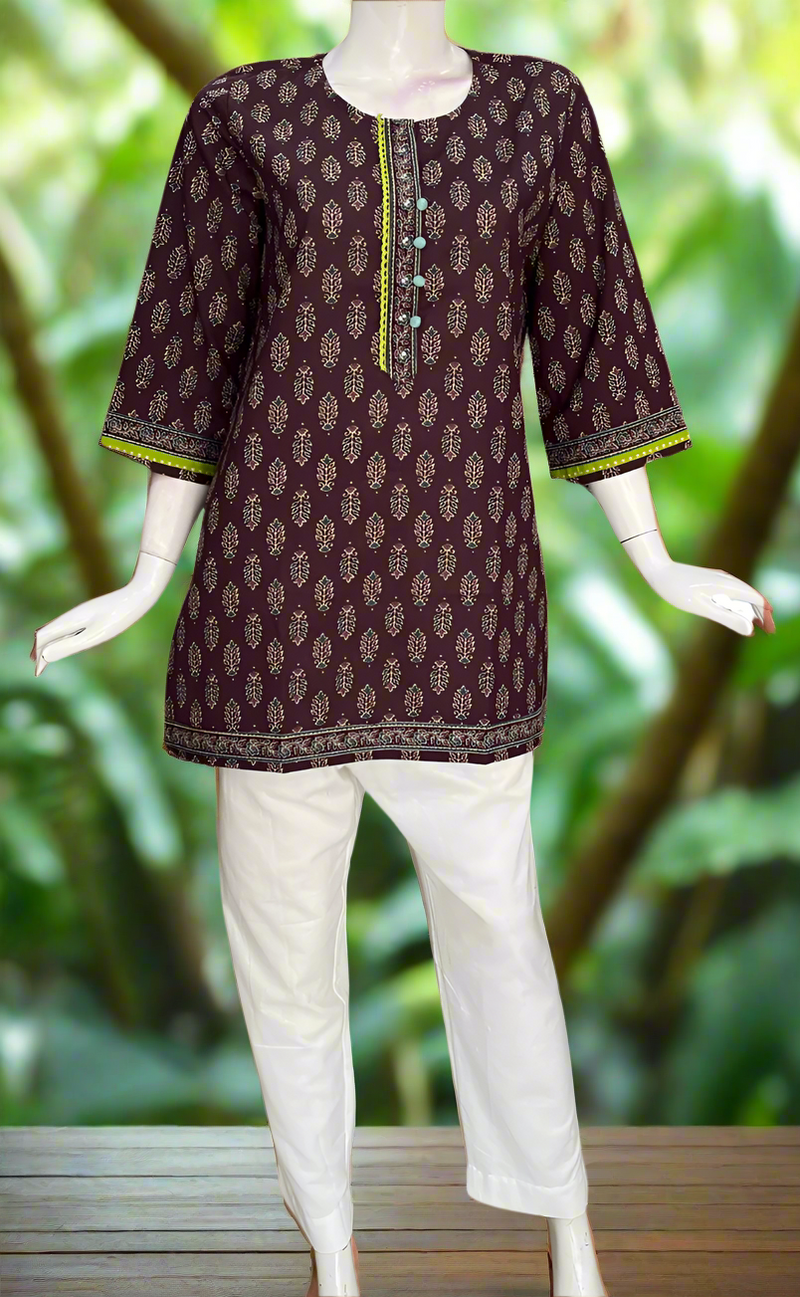 Dark Wine Colour Leafy Cotton Short Kurti. Pure Versatile Cotton. | Laces and Frills
