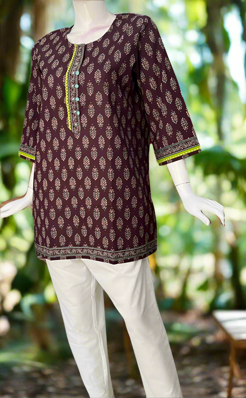 Dark Wine Colour Leafy Cotton Short Kurti. Pure Versatile Cotton. | Laces and Frills