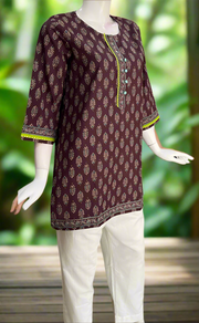 Dark Wine Colour Leafy Cotton Short Kurti. Pure Versatile Cotton. | Laces and Frills