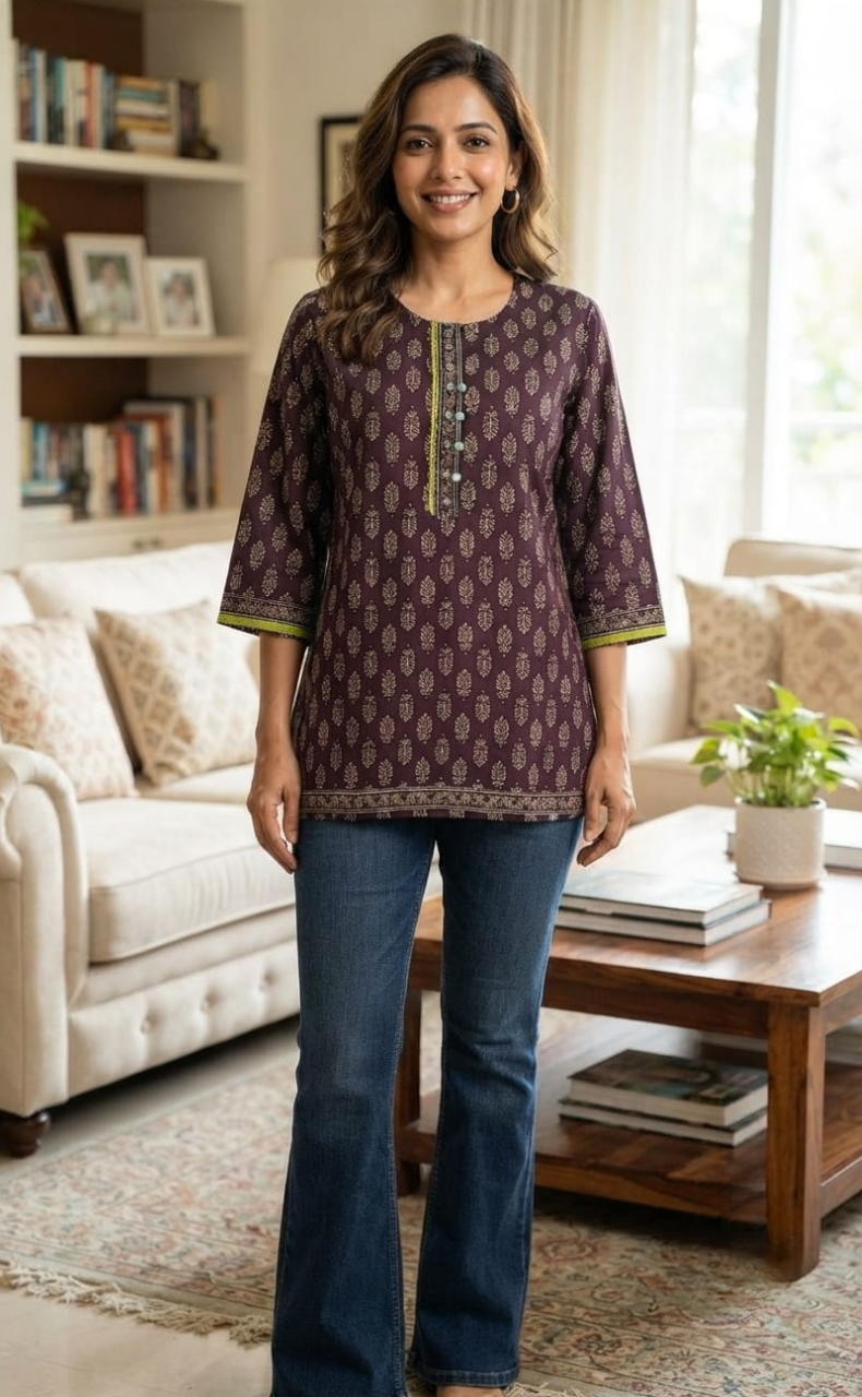 Dark Wine Colour Leafy Cotton Short Kurti. Pure Versatile Cotton. | Laces and Frills