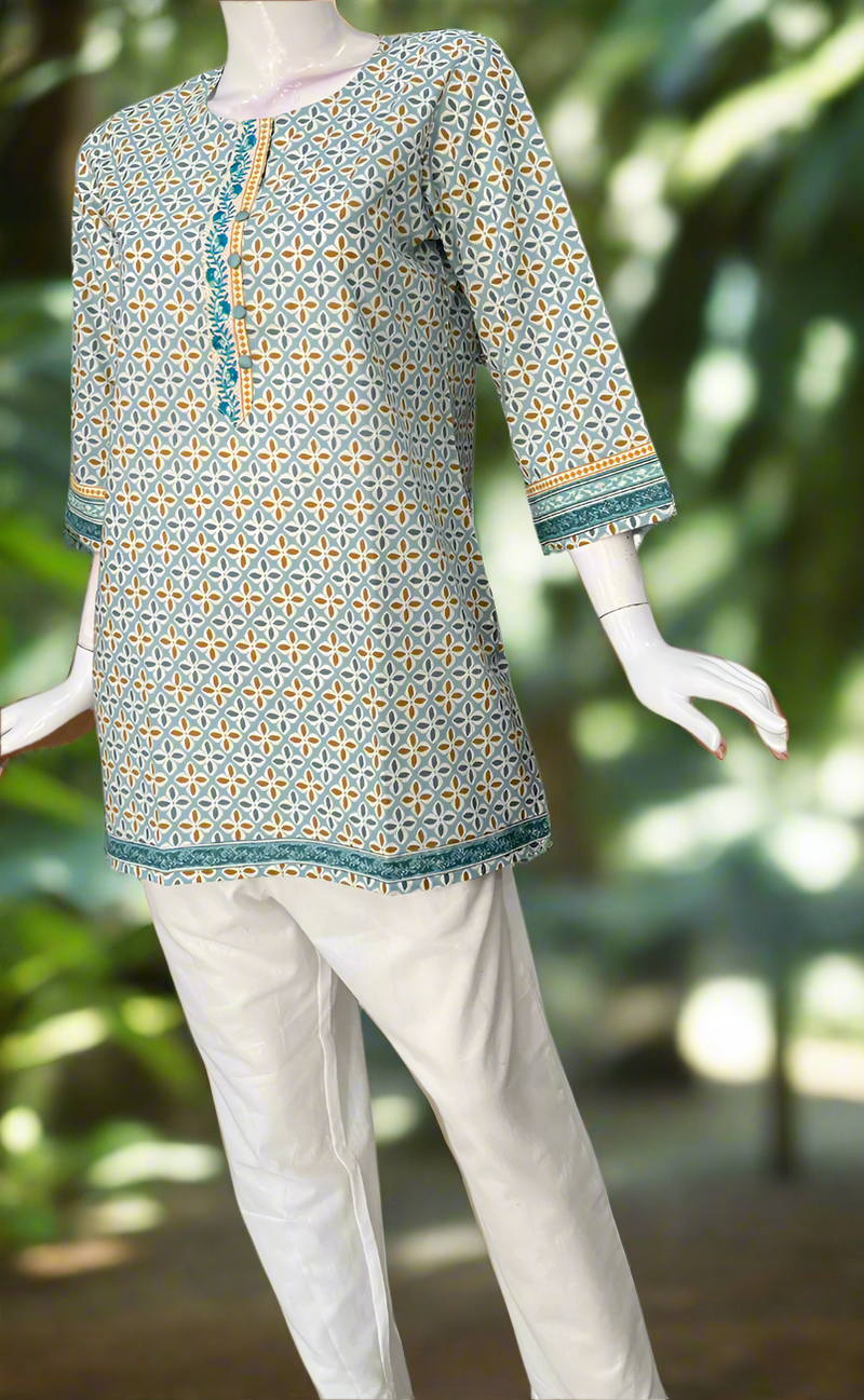 Light Blue Flora Jaipur Cotton Short Kurti. Pure Versatile Cotton. | Laces and Frills
