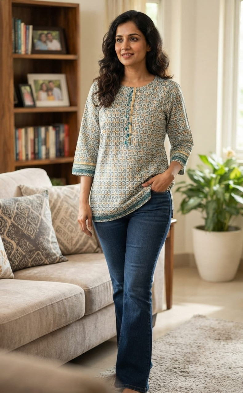 Light Blue Flora Jaipur Cotton Short Kurti. Pure Versatile Cotton. | Laces and Frills