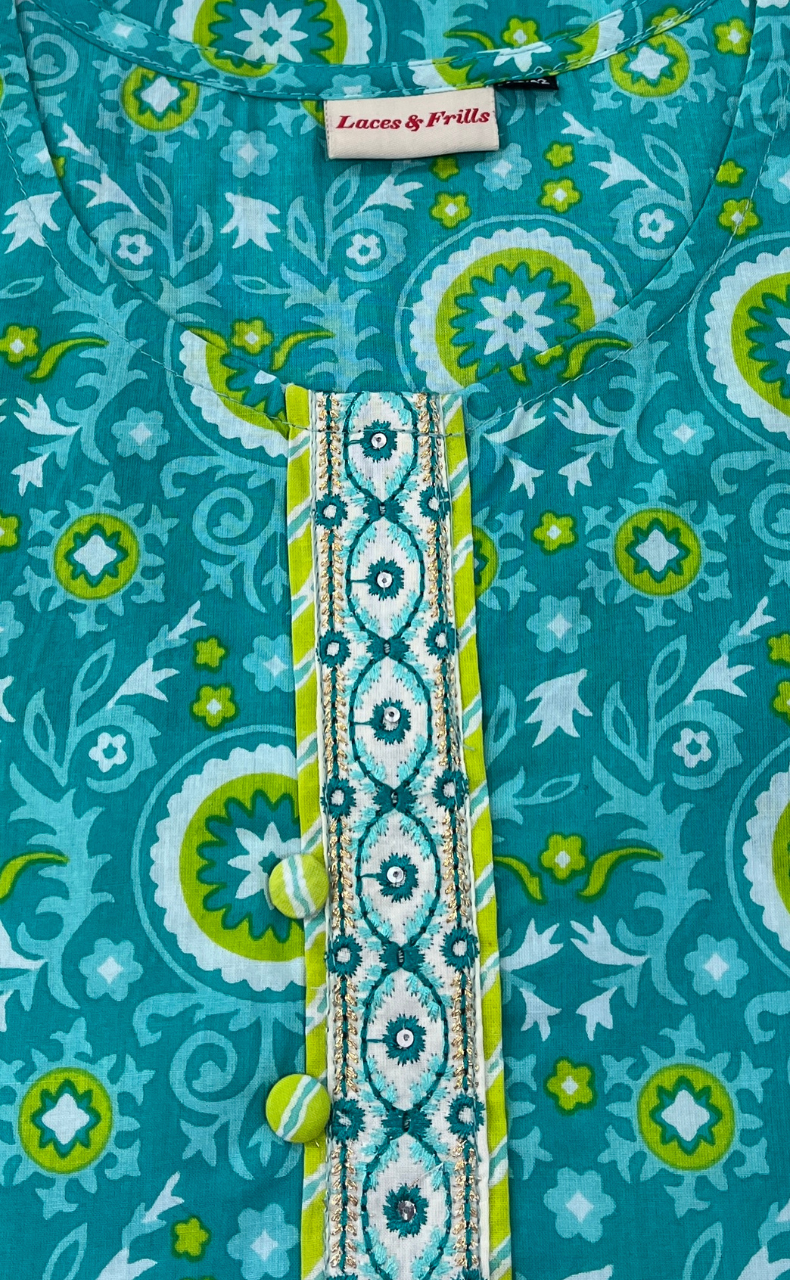 Sea Green Garden Jaipur Cotton Short Kurti. Pure Versatile Cotton. | Laces and Frills