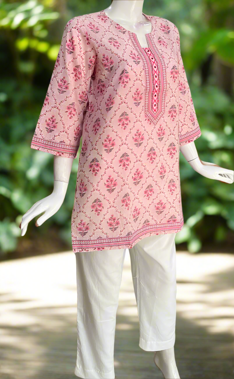 Light Pink Garden Jaipur Cotton Short Kurti. Pure Versatile Cotton. | Laces and Frills