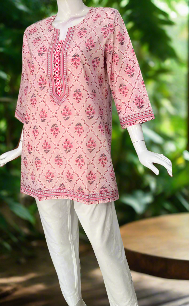 Light Pink Garden Jaipur Cotton Short Kurti. Pure Versatile Cotton. | Laces and Frills
