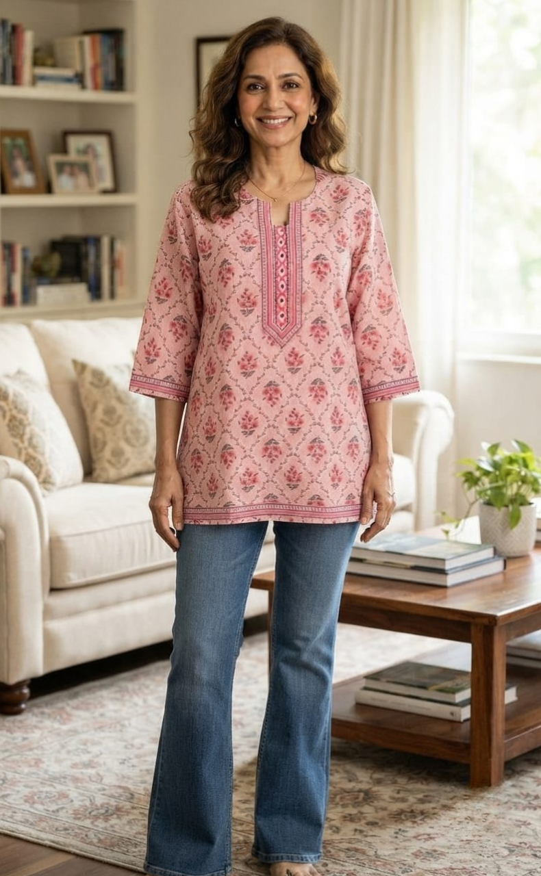 Light Pink Garden Jaipur Cotton Short Kurti. Pure Versatile Cotton. | Laces and Frills