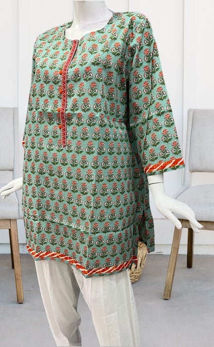 Sea Green/Orange Floral Jaipuri Cotton Short Kurti. Pure Versatile Cotton. | Laces and Frills - Laces and Frills