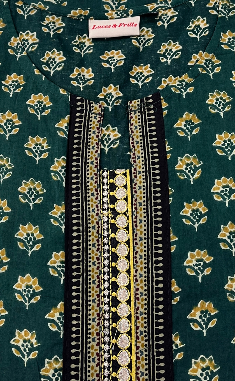 Bottle Green Floral Jaipur Cotton Short Kurti. Pure Versatile Cotton. | Laces and Frills