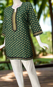 Bottle Green Floral Jaipur Cotton Short Kurti. Pure Versatile Cotton. | Laces and Frills