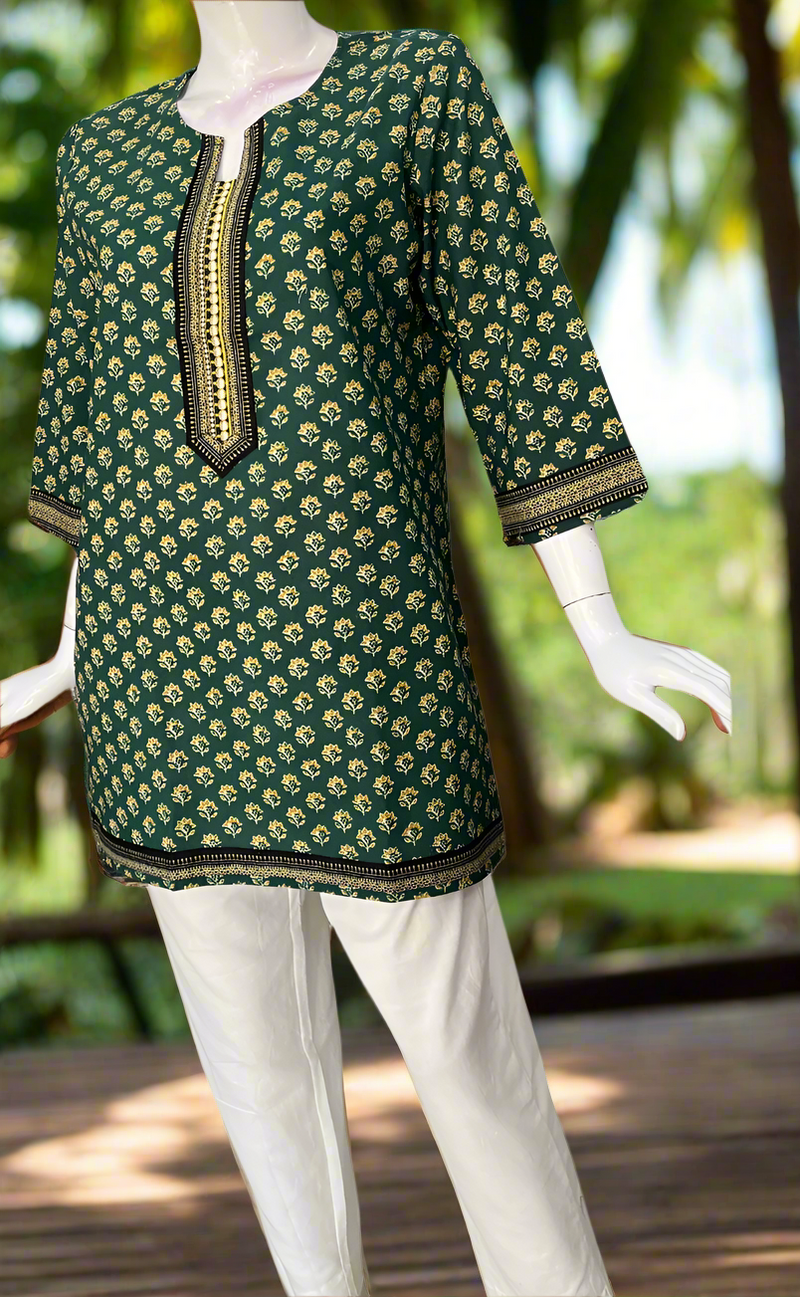 Bottle Green Floral Jaipur Cotton Short Kurti. Pure Versatile Cotton. | Laces and Frills