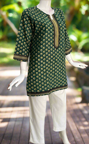 Bottle Green Floral Jaipur Cotton Short Kurti. Pure Versatile Cotton. | Laces and Frills
