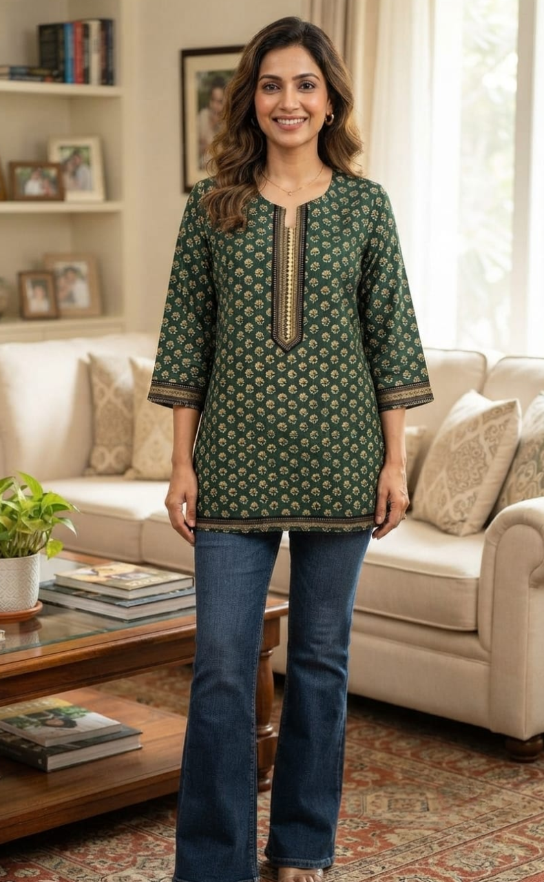 Bottle Green Floral Jaipur Cotton Short Kurti. Pure Versatile Cotton. | Laces and Frills