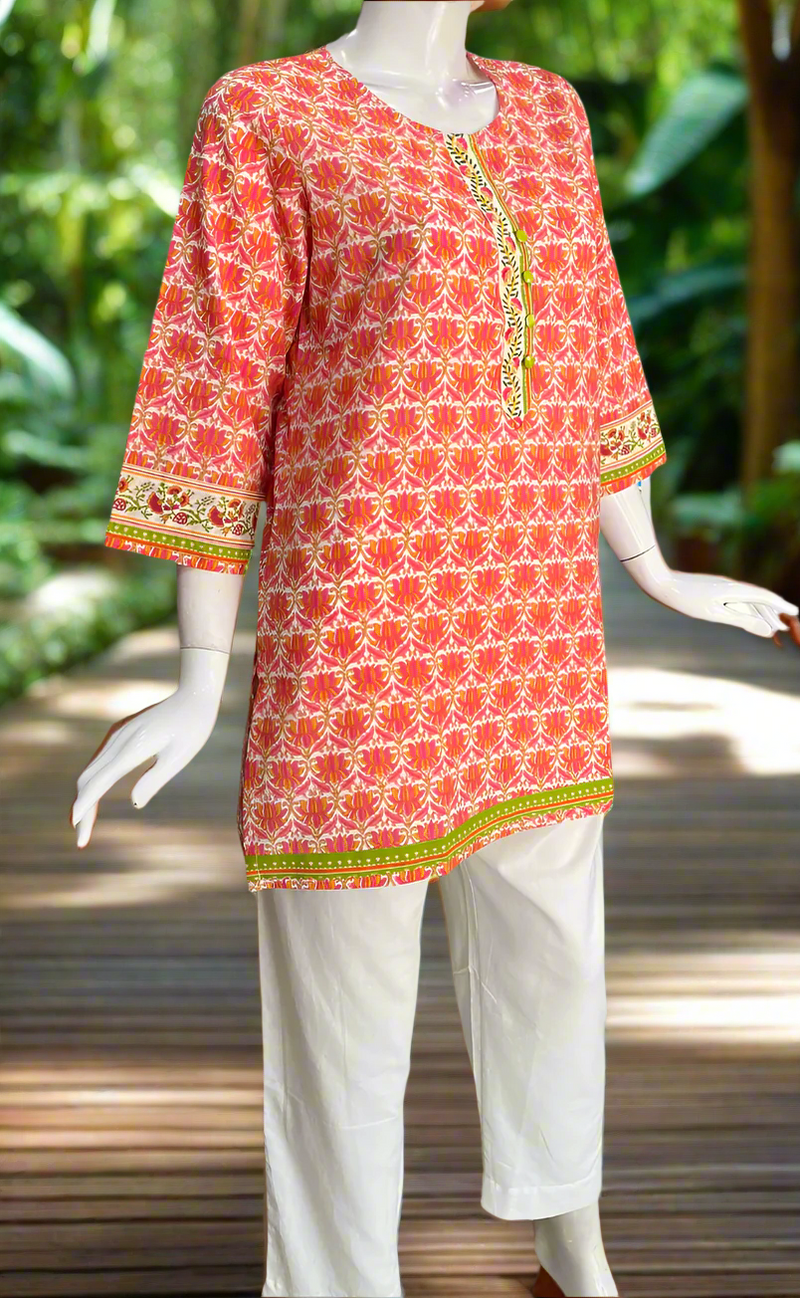 Pink/Orange Floral Jaipur Cotton Short Kurti. Pure Versatile Cotton. | Laces and Frills