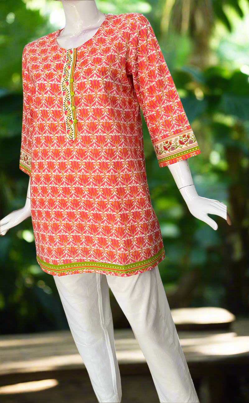 Pink/Orange Floral Jaipur Cotton Short Kurti. Pure Versatile Cotton. | Laces and Frills
