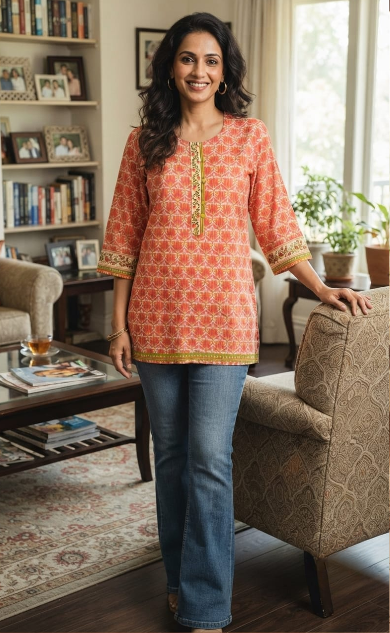 Pink/Orange Floral Jaipur Cotton Short Kurti. Pure Versatile Cotton. | Laces and Frills