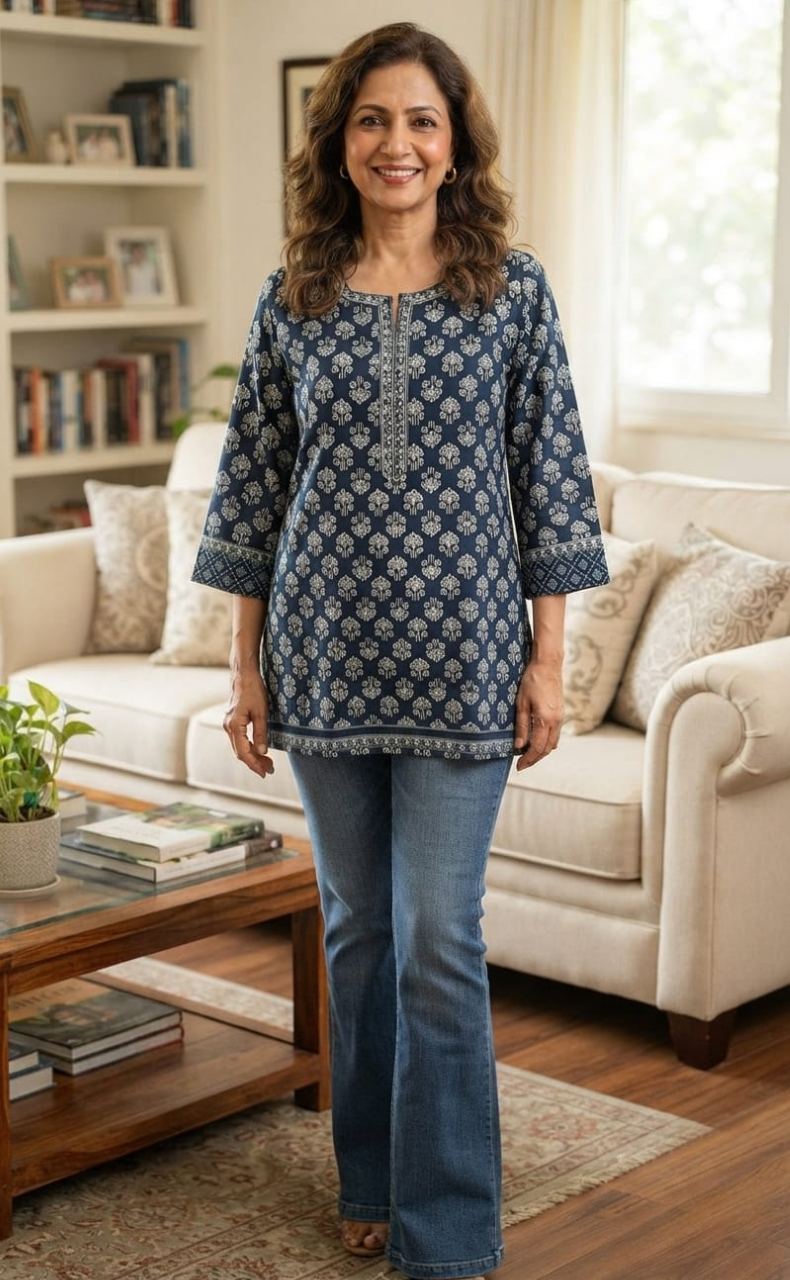 Blue Floral Jaipur Cotton Short Kurti. Pure Versatile Cotton. | Laces and Frills