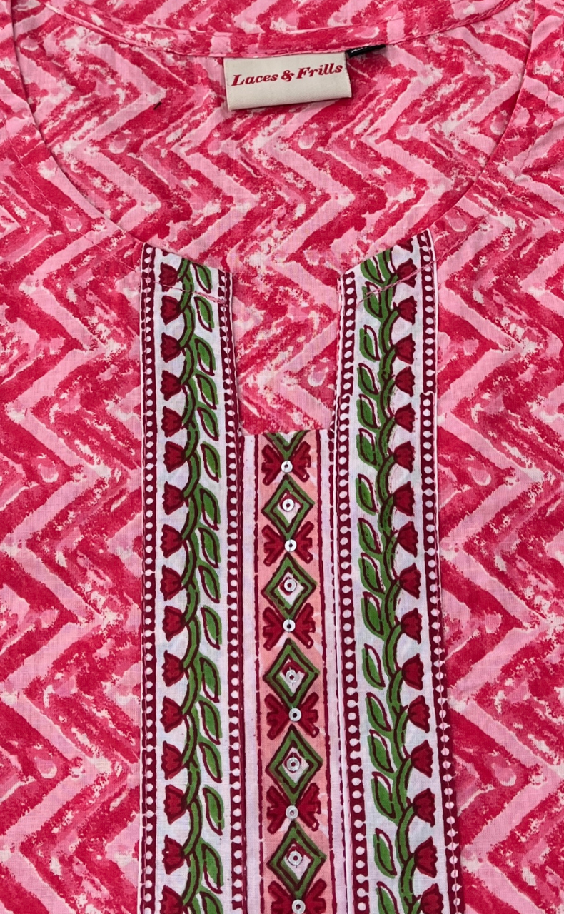Candy Pink Zigzag Jaipur Cotton Short Kurti. Pure Versatile Cotton. | Laces and Frills