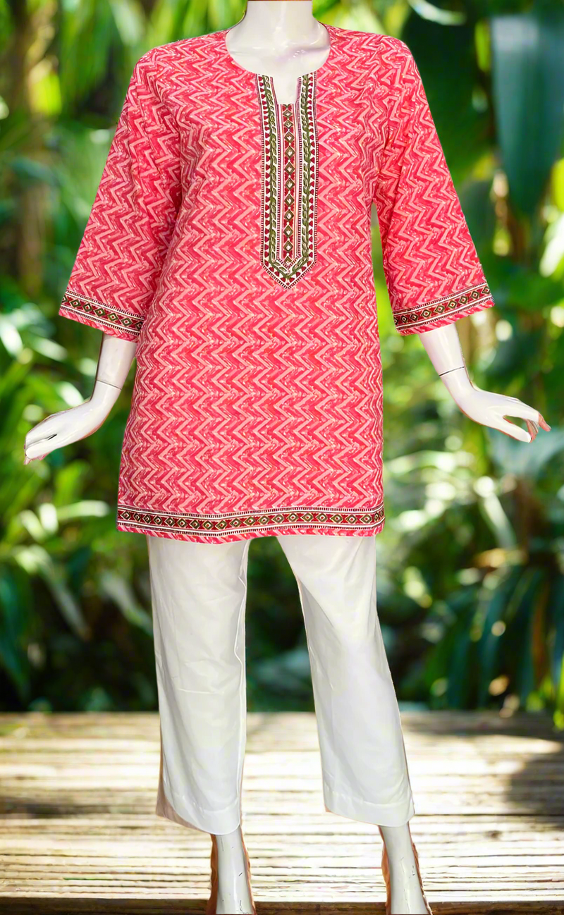 Candy Pink Zigzag Jaipur Cotton Short Kurti. Pure Versatile Cotton. | Laces and Frills