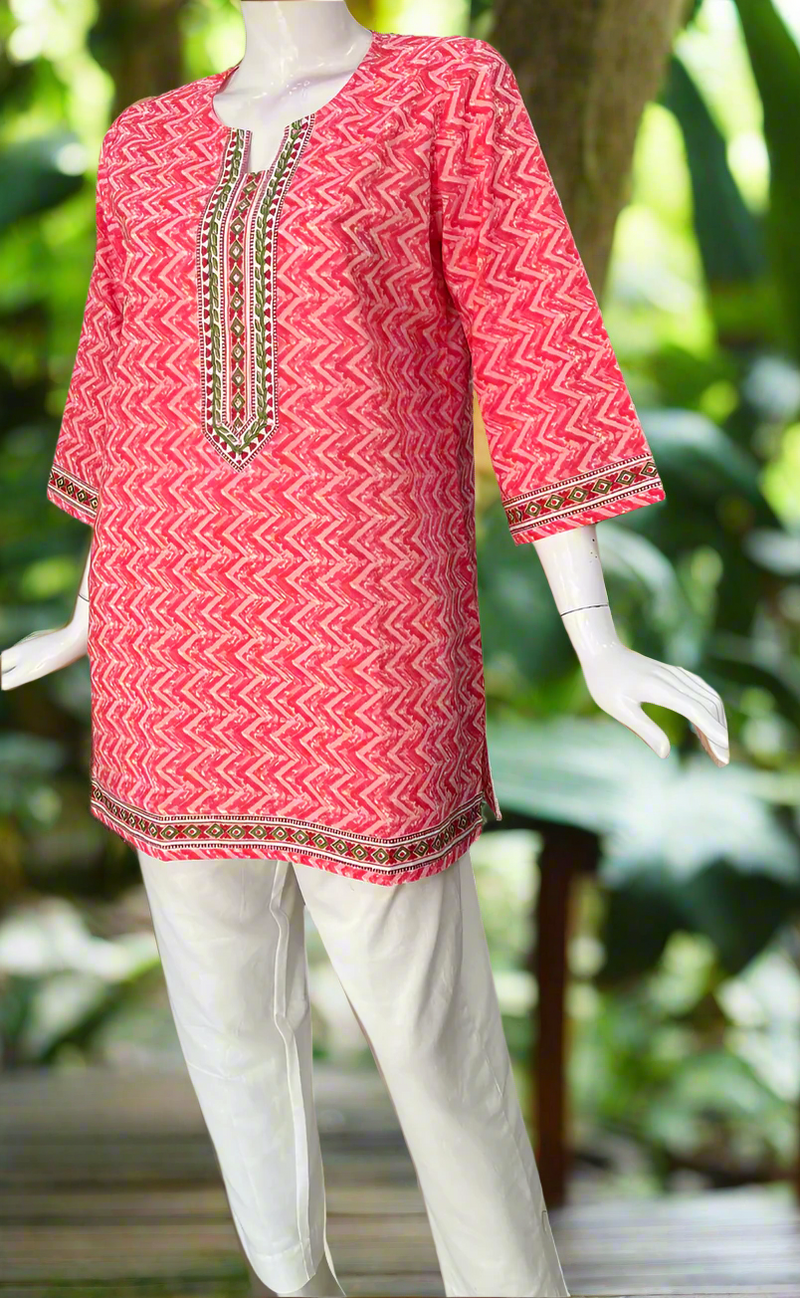 Candy Pink Zigzag Jaipur Cotton Short Kurti. Pure Versatile Cotton. | Laces and Frills