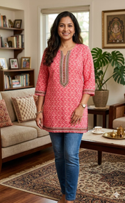 Candy Pink Zigzag Jaipur Cotton Short Kurti. Pure Versatile Cotton. | Laces and Frills - Laces and Frills