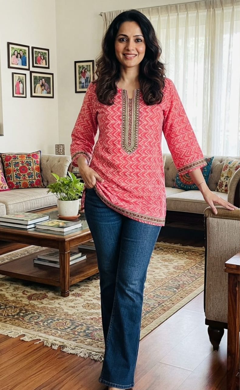 Candy Pink Zigzag Jaipur Cotton Short Kurti. Pure Versatile Cotton. | Laces and Frills