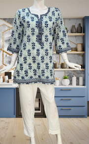 Blue Floral Jaipur Cotton Short Kurti. Pure Versatile Cotton. | Laces and Frills - Laces and Frills