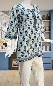 Blue Floral Jaipur Cotton Short Kurti. Pure Versatile Cotton. | Laces and Frills - Laces and Frills